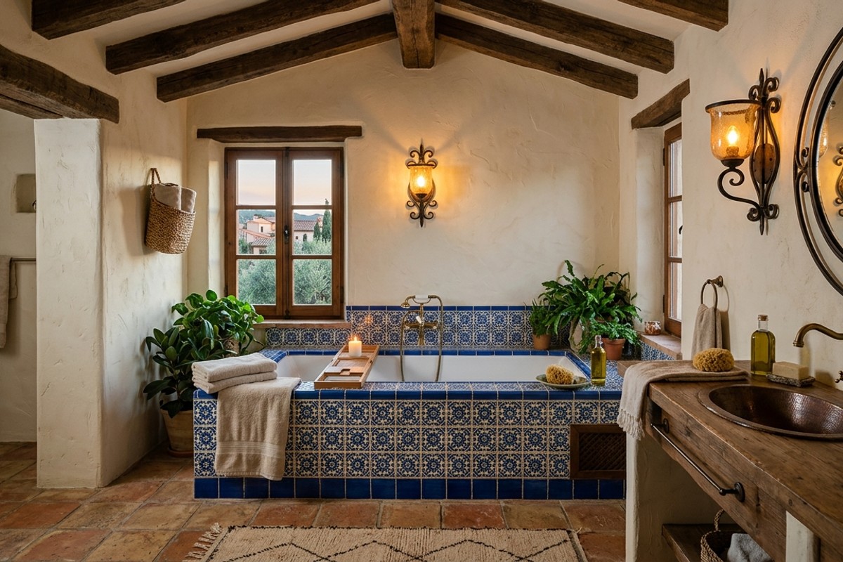Mediterranean luxury bathroom with terracotta tiles, stucco walls, and a built-in tub with artisanal tiles