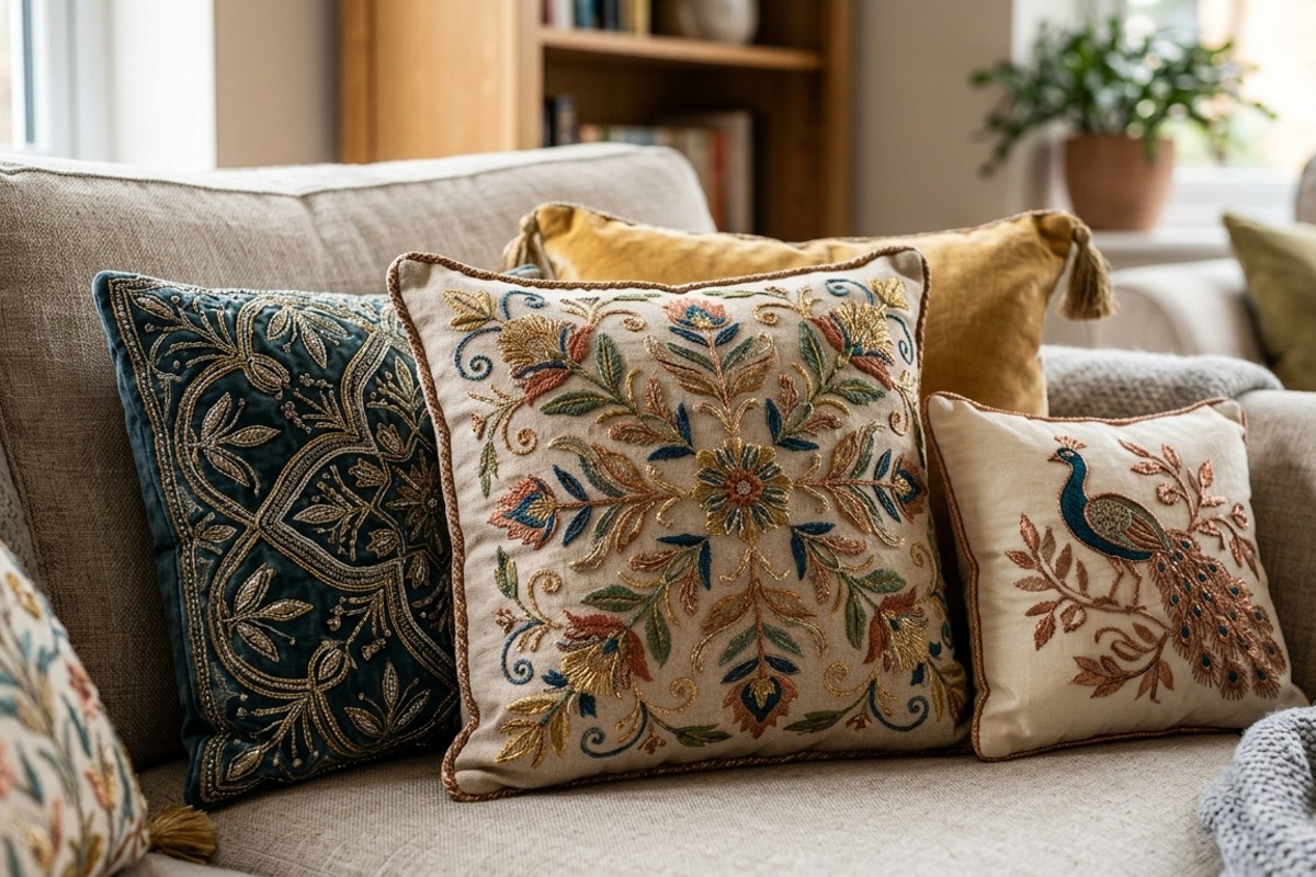 Accent cushions with intricate embroidered patterns and metallic threads.