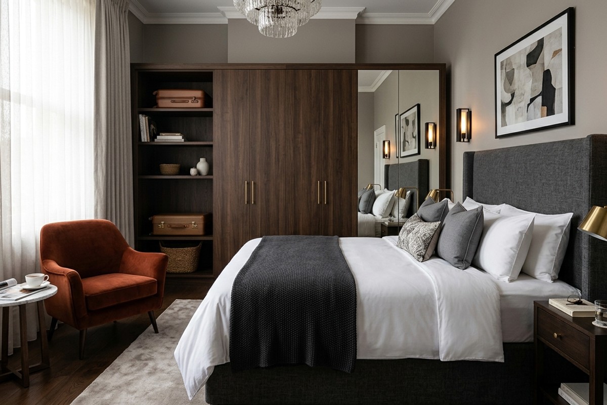 Boutique hotel chic bedroom with custom wardrobe, luxurious linens, and accent chair.