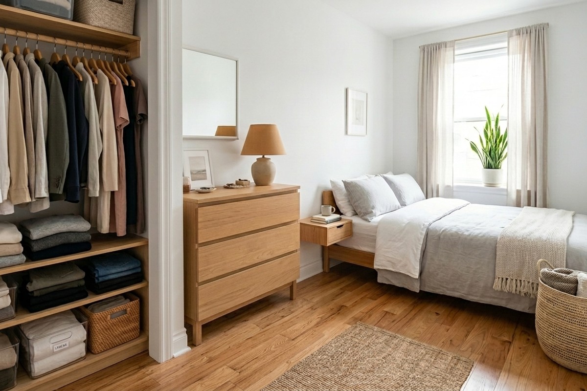 Organized small bedroom showcasing drawer dividers, closet organizers, and decorative baskets for a clutter-free, minimalist look.