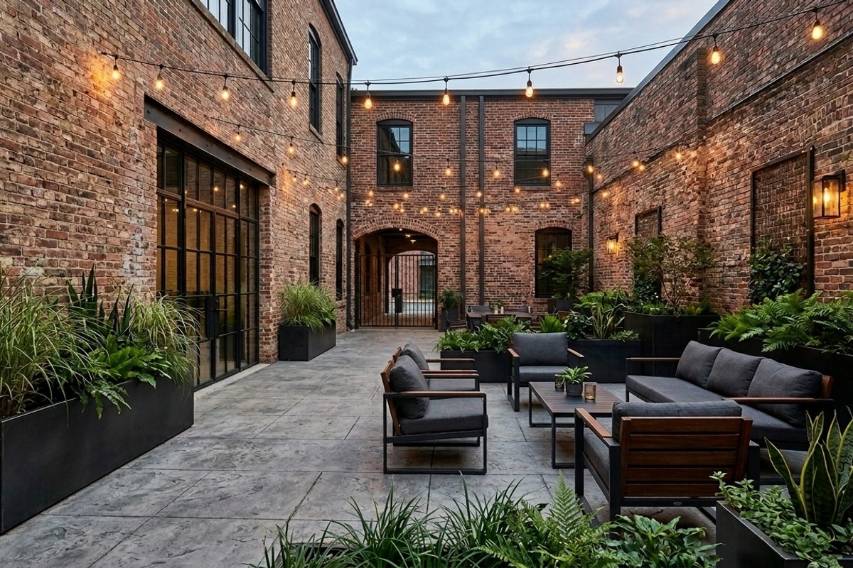 Industrial luxe courtyard with exposed brick, concrete pavers, black metal planters, and dark metal furniture.