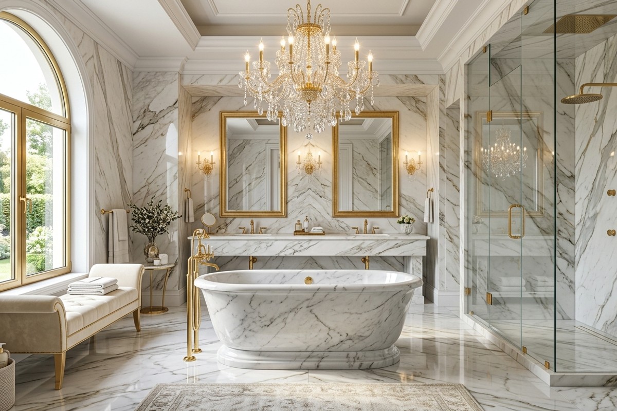 Opulent marble bathroom with Calacatta marble slabs, polished chrome fixtures, and a crystal chandelier.