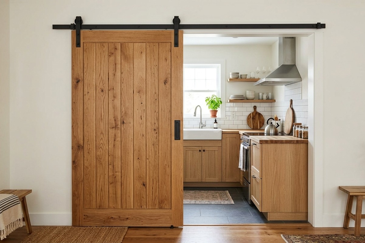 Modern small kitchen entrance with an open sliding barn door, demonstrating a space-saving solution to free up floor space.