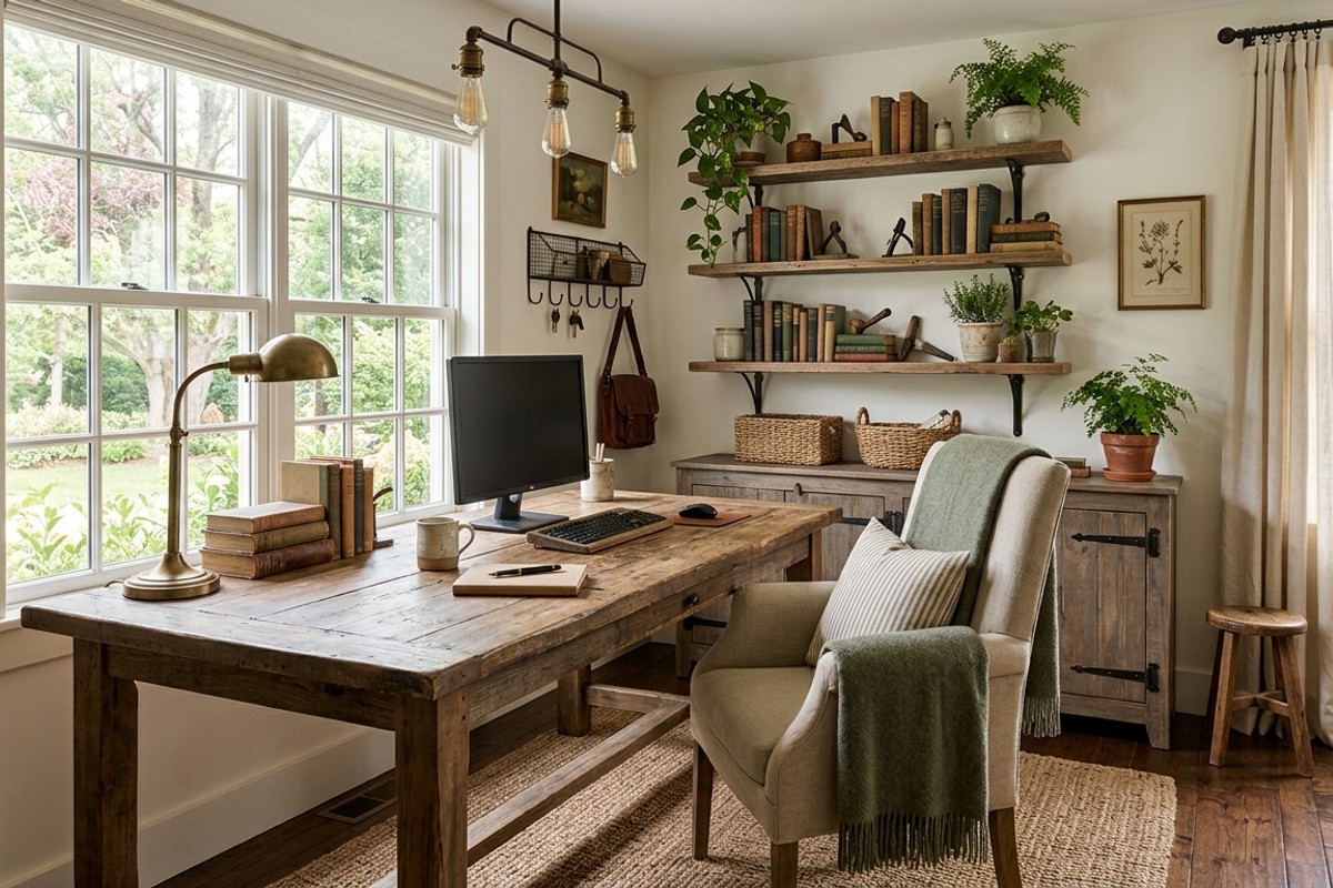 Rustic farmhouse home office with reclaimed wood farm table desk and fabric chair.