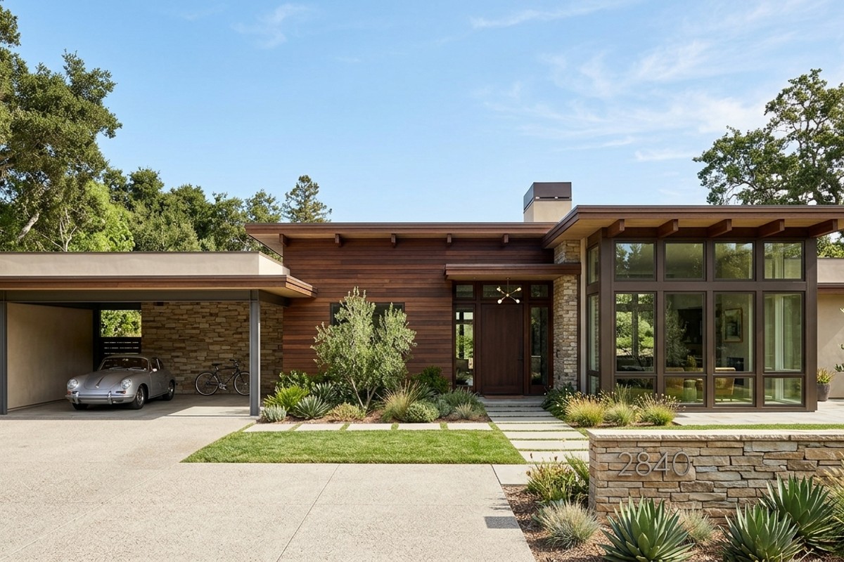 Mid-Century Modern facade with cedar siding, stacked stone, large windows, and an integrated carport.