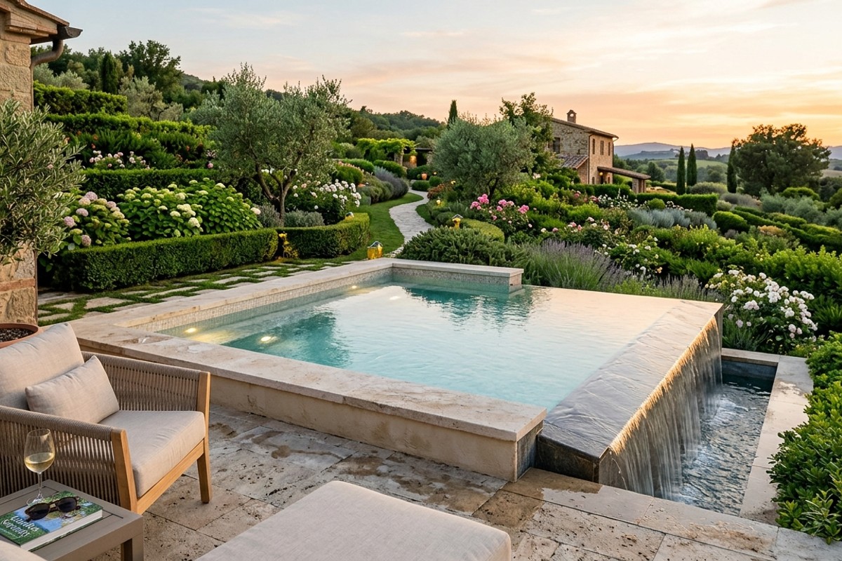 Infinity edge mini-pool overlooking a lush garden, creating an illusion of endless space in a small footprint.