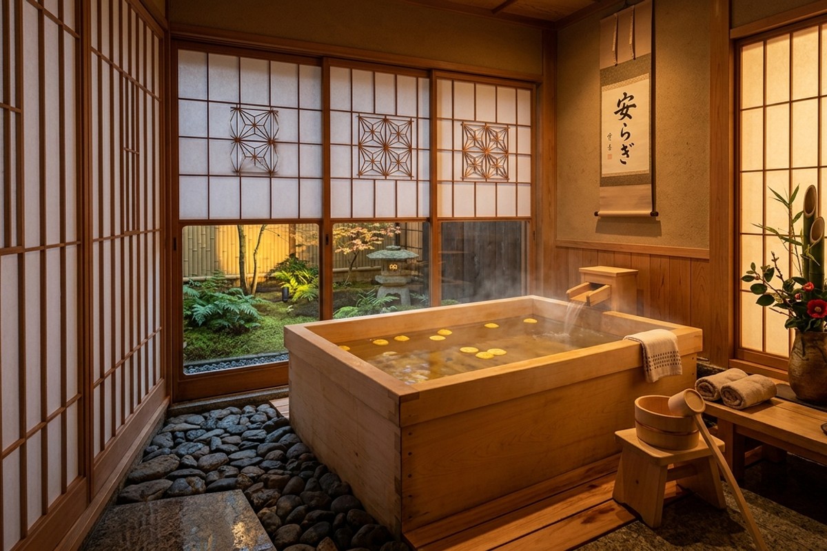 Japanese soaking sanctuary with a deep Hinoki wood soaking tub and shoji screen elements.