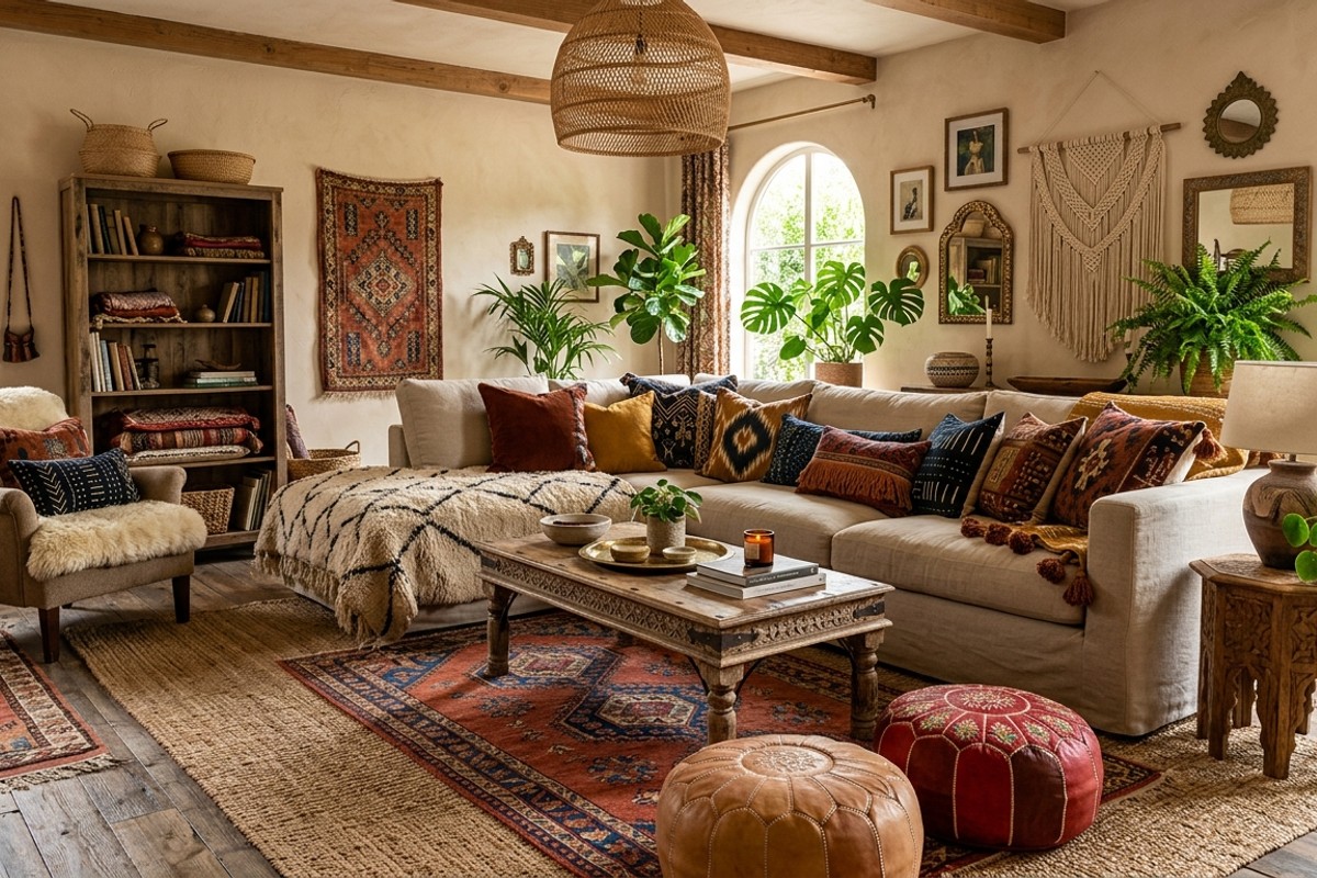 Bohemian living room with oversized sofa, textured throws, patterned pillows, layered kilim/jute rugs, Moroccan poufs, and carved tables.
