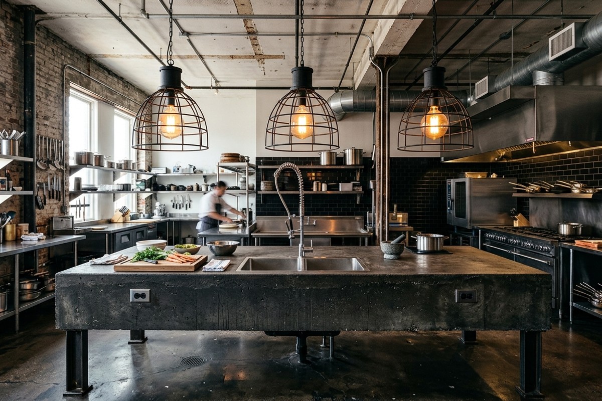Industrial kitchen with concrete island and large metal cage pendant lights.