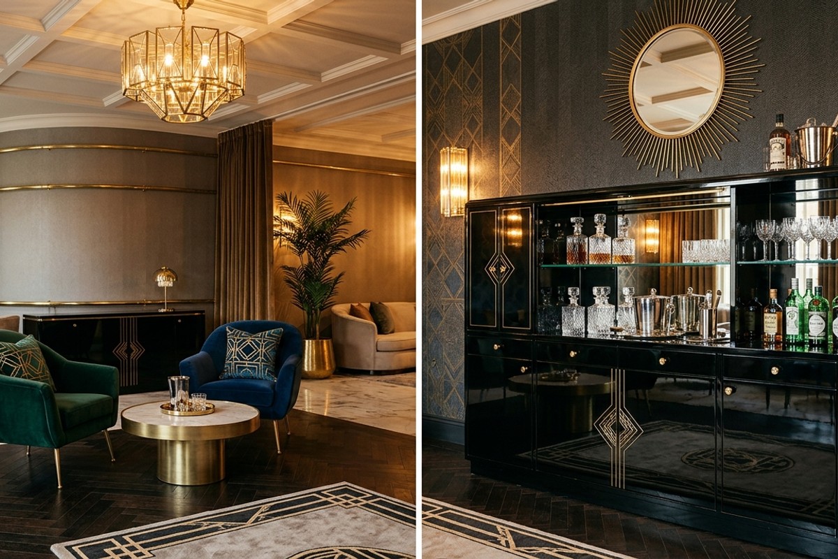 Art Deco lounge with a high-gloss black lacquered bar cabinet.