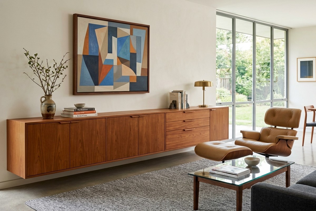 Sleek mid-century modern walnut credenza with clean lines and integrated handles providing elegant storage.