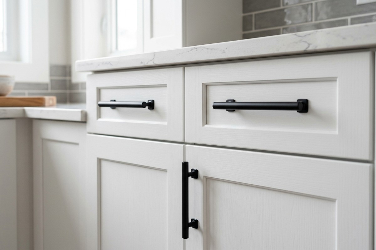 Close-up of white kitchen cabinets with sleek matte black handles, showcasing updated hardware