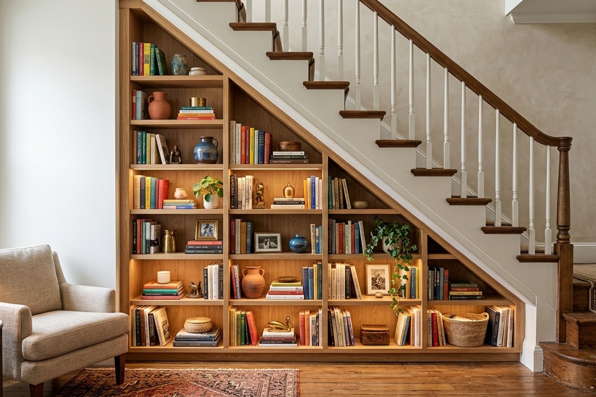 Under-stair built-in open shelving unit displaying books and decorative items.