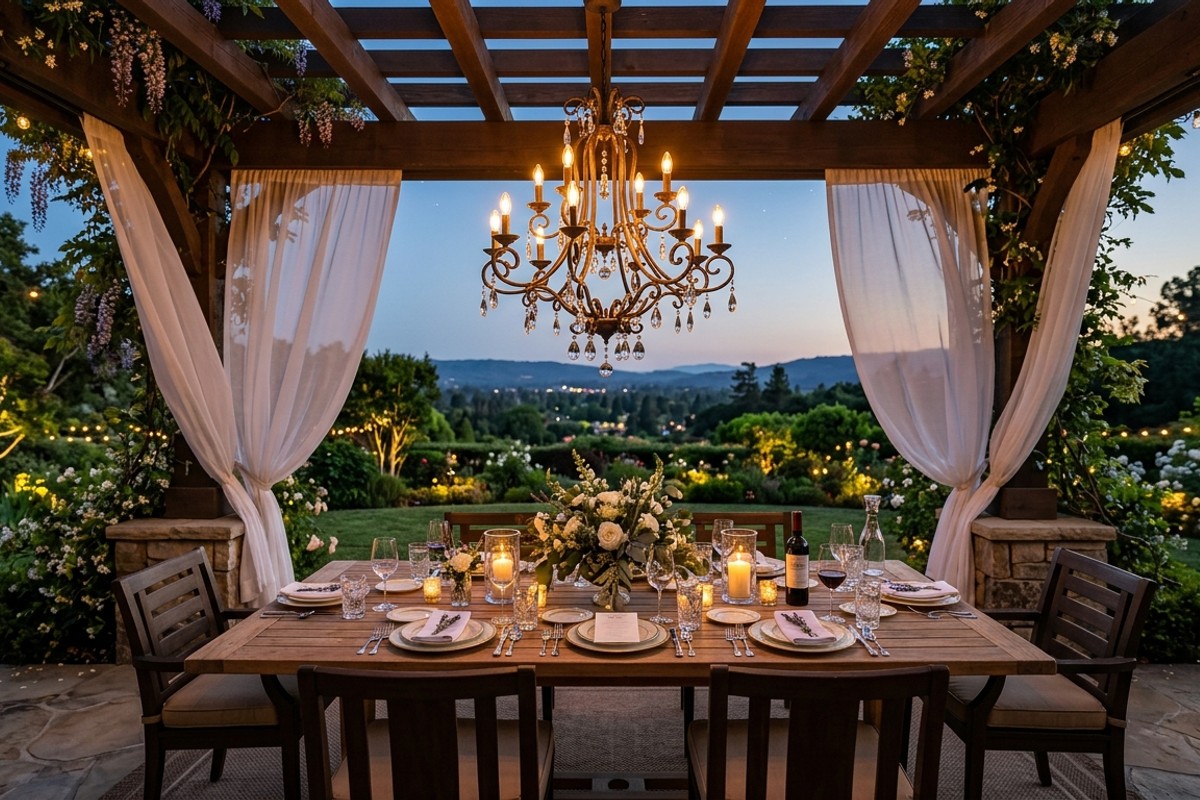 Al fresco dining pavilion with pergola, sheer curtains, grand teak dining table, and outdoor chandelier.