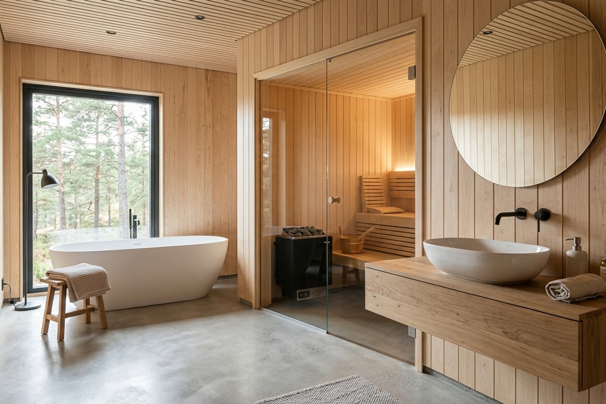 Scandinavian luxury bathroom with light birch wood, grey concrete, and integrated sauna