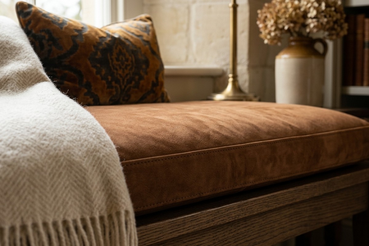 Small bench cushion upholstered in soft nubuck leather.