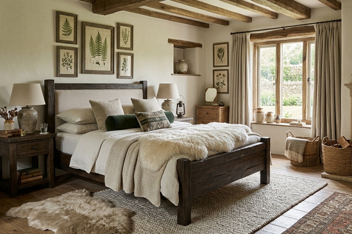 Rustic charm bedroom with ceramic pottery, woven baskets, and botanical prints.