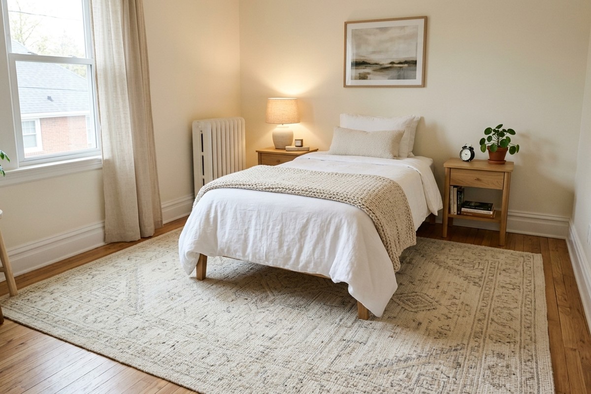 Large area rug in a light color extending under a bed and past nightstands in a small bedroom, making the space feel larger.