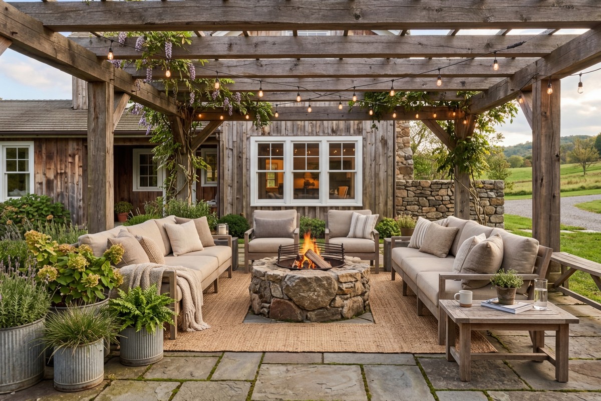 Rustic modern farmhouse patio with reclaimed wood pergola, bluestone pavers, oversized linen sofas, and a stone fire pit.