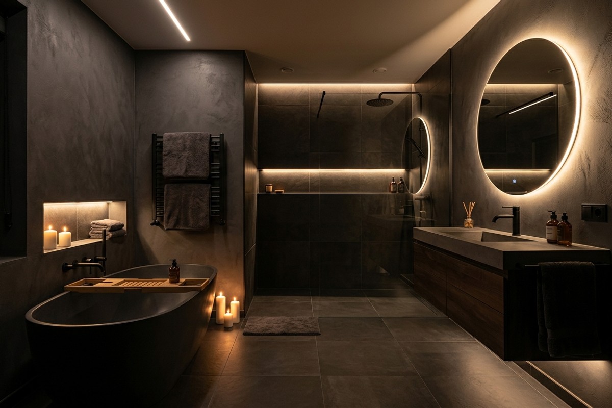 Dark and dramatic bathroom with charcoal grey walls, black matte fixtures, large dark porcelain tiles, and LED backlighting.