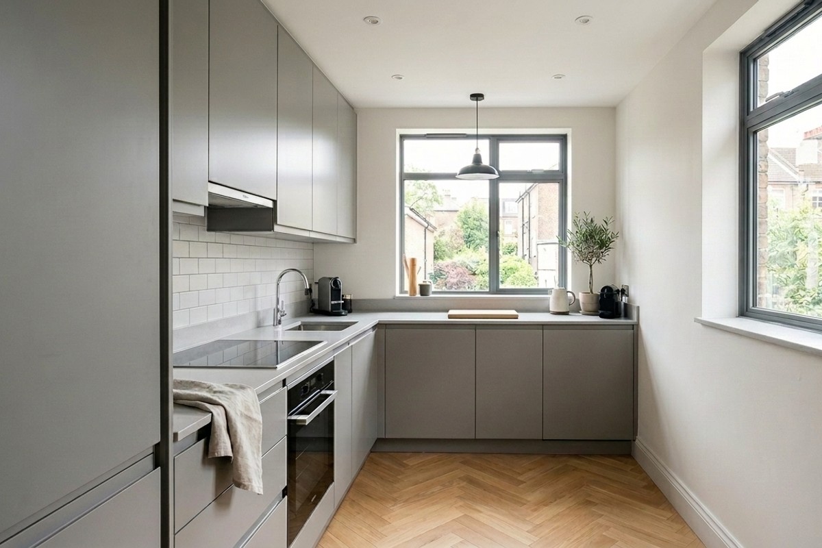 Sleek small kitchen with handle-less white cabinetry and push-to-open mechanisms, creating a minimalist and expansive look.