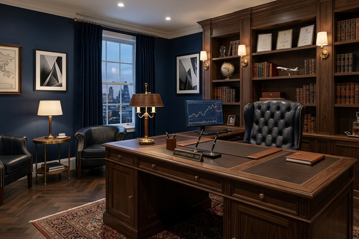 Sophisticated executive home office with dark wood, leather desk, and navy walls.