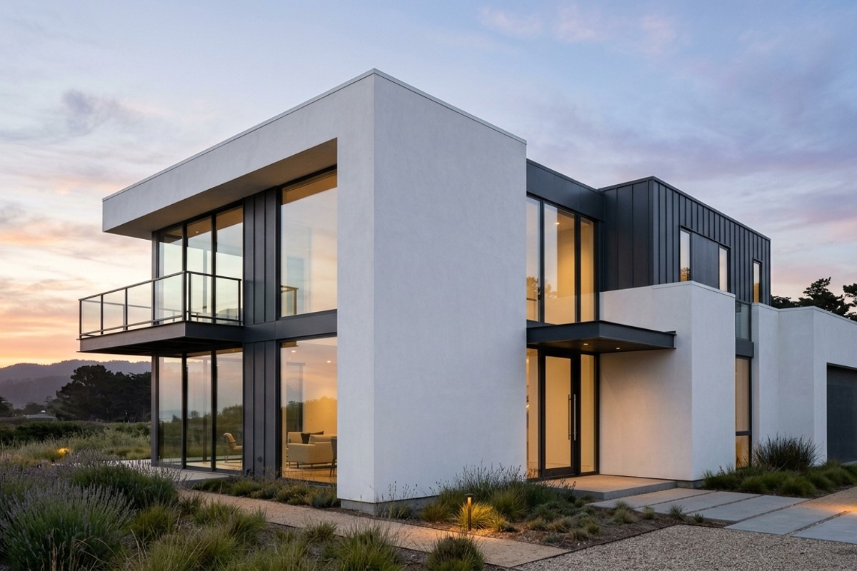 Contemporary Minimalist facade with white stucco, dark metal panels, large windows, and flat roof.