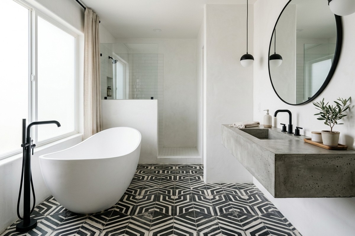Contemporary chic bathroom with geometric floor tiles, a floating concrete vanity, and a sculptural freestanding tub.