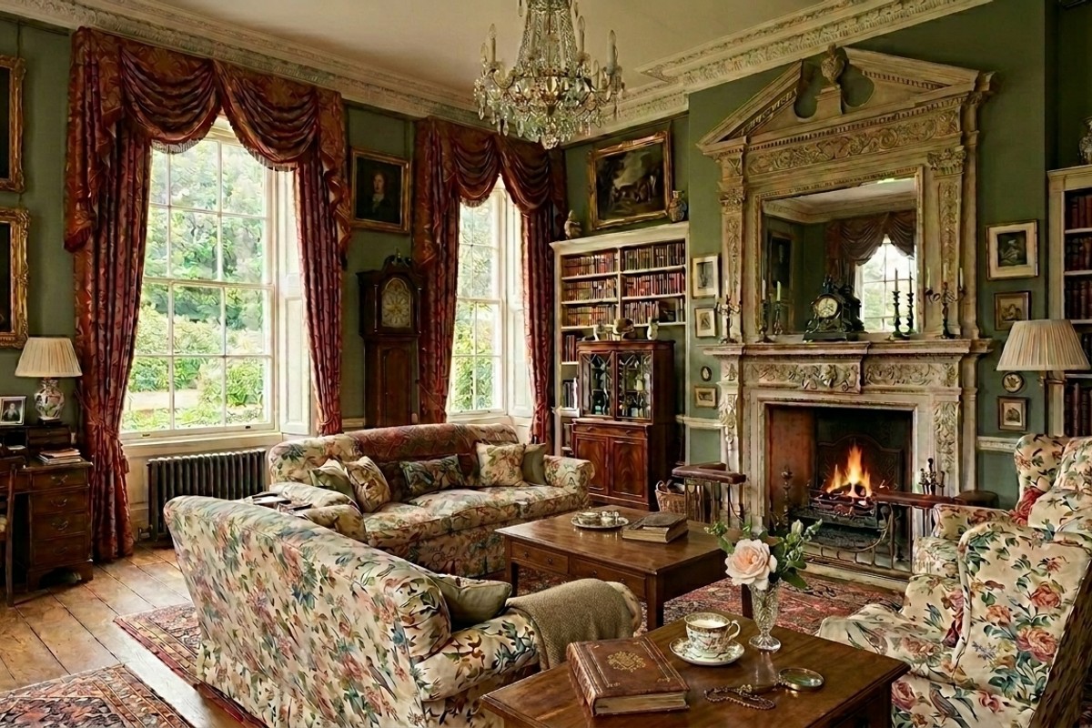 Classic English drawing room with floral chintz sofa, armchairs, antiques, portraits, bookshelf, and grand fireplace.