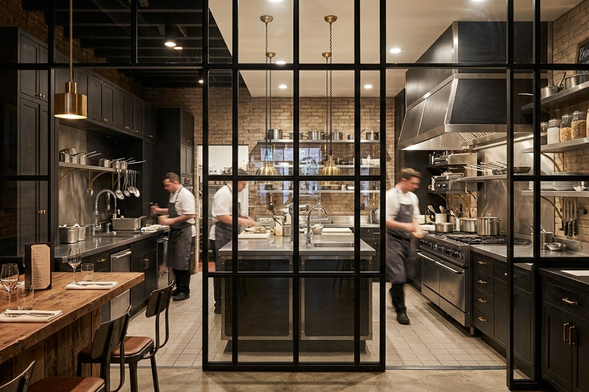 Industrial kitchen with mixed metals, brass accents, and a black metal grid glass partition.