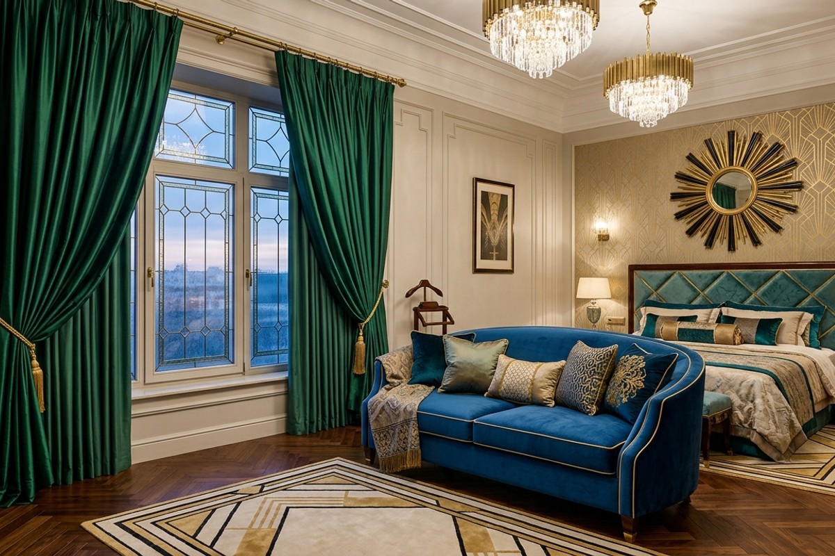 Luxurious Art Deco bedroom with heavy silk curtains and a velvet sofa.
