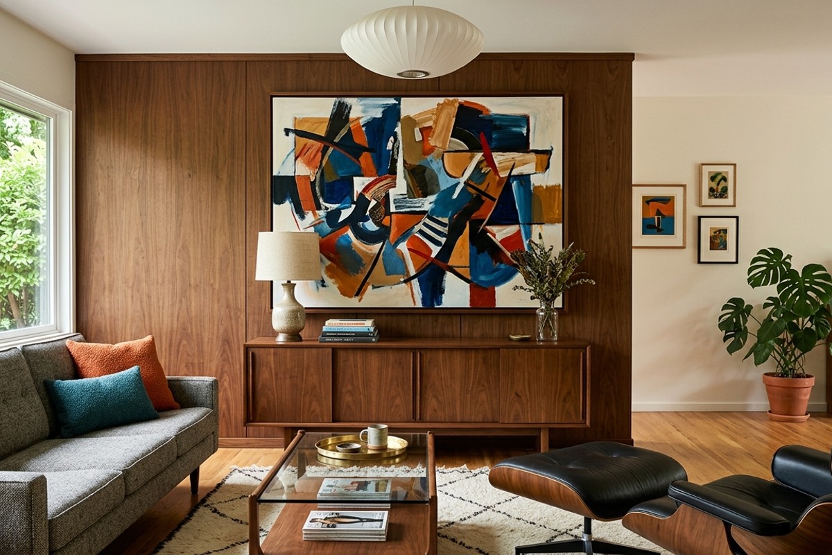 Mid-century modern living room featuring a large abstract expressionist painting as a central focal point on a wall.