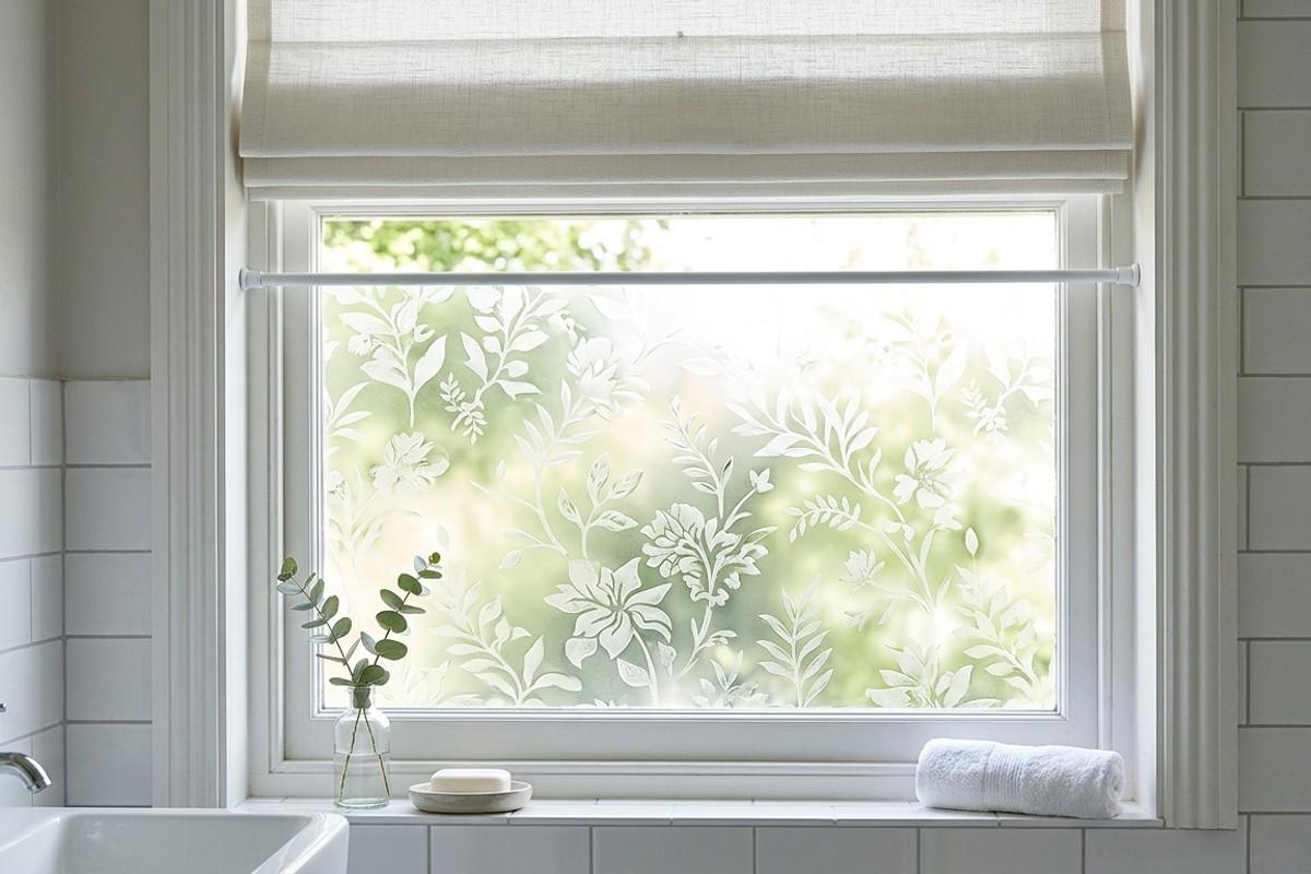 Bathroom window with decorative etched glass window film and a tension rod blind for privacy