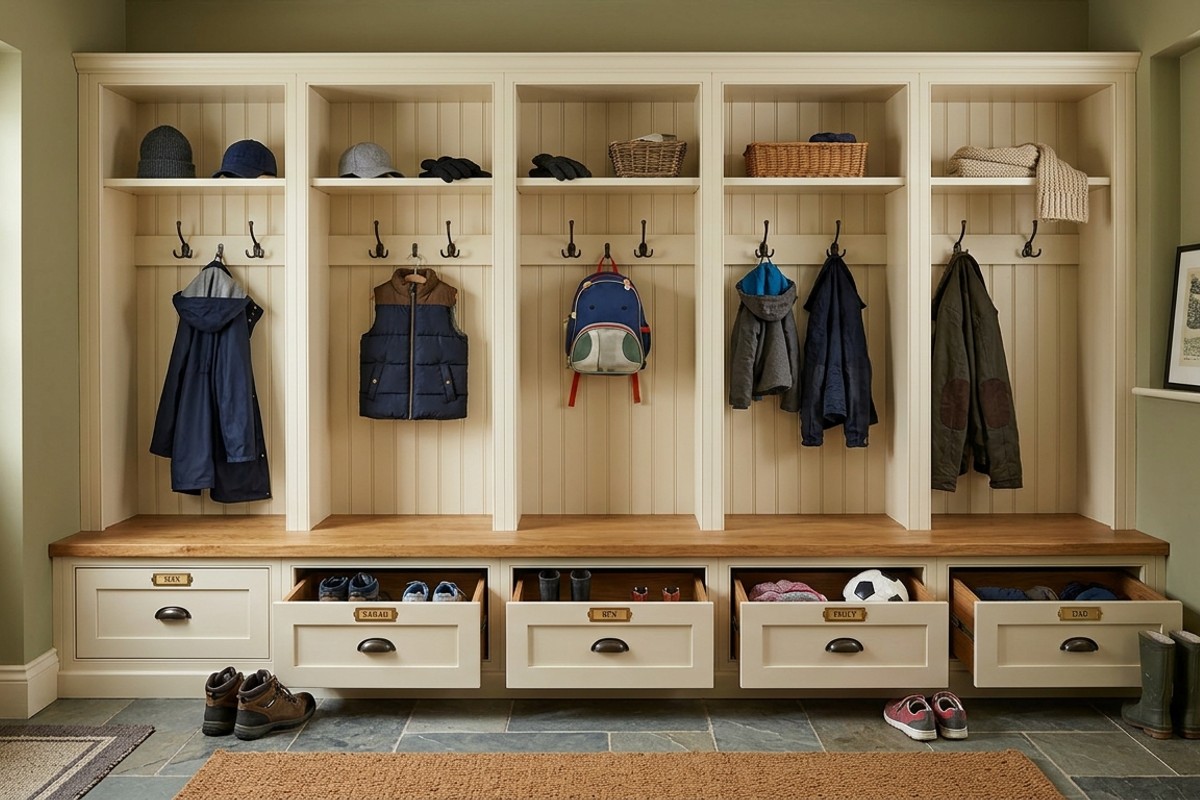 Built-in mudroom lockers made of painted beadboard, with benches, upper cubbies, and lower drawers.