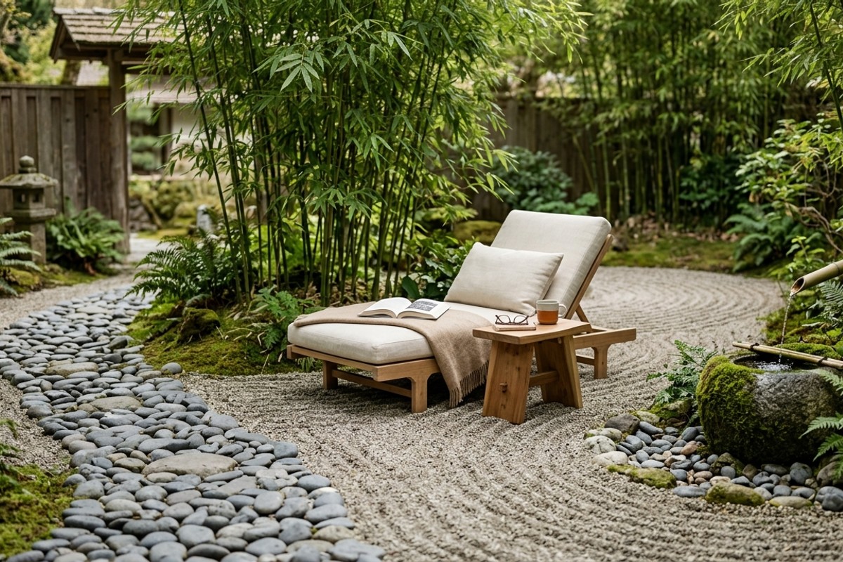 Zen garden reading corner with river stone path, minimalist lounge chair, bamboo, raked sand, and water feature.