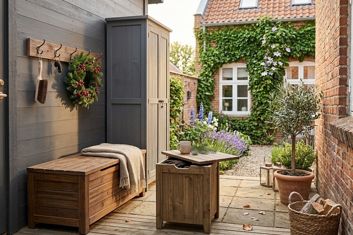 Small patio with smart storage solutions: storage benches, hidden compartment side tables, and narrow outdoor cabinets.