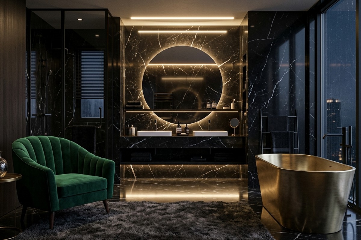 Dark dramatic bathroom with black Marquina marble, deep jewel-toned accents, and contemporary lighting