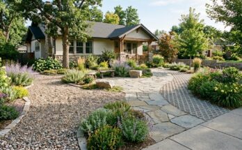 A low-maintenance front yard design with flagstone patio, permeable paver pathway, and decorative gravel.