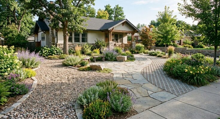 A low-maintenance front yard design with flagstone patio, permeable paver pathway, and decorative gravel.