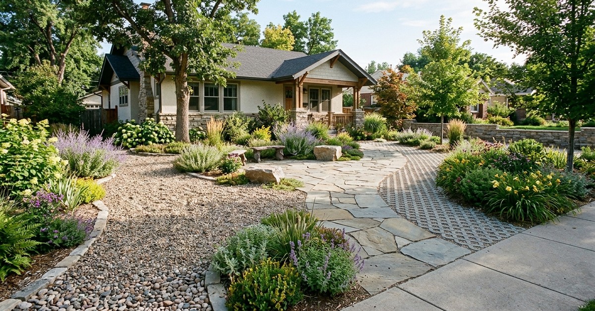 A low-maintenance front yard design with flagstone patio, permeable paver pathway, and decorative gravel.