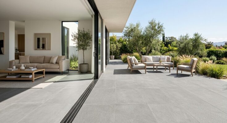 Seamless flooring transition from indoor living room to outdoor patio with large format grey porcelain tiles