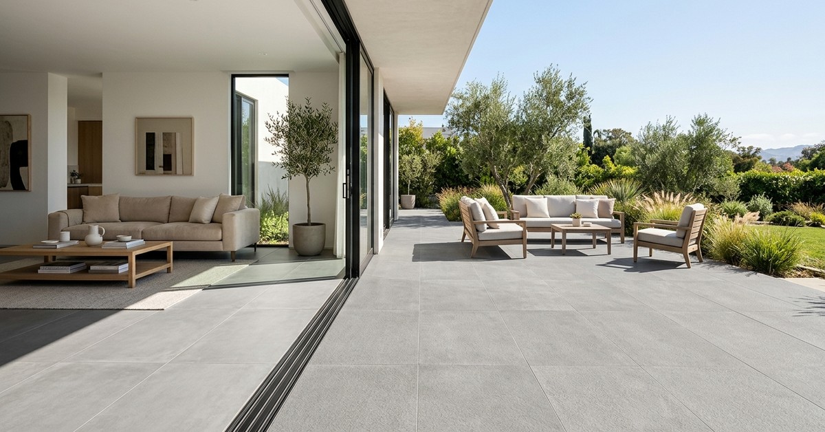 Seamless flooring transition from indoor living room to outdoor patio with large format grey porcelain tiles