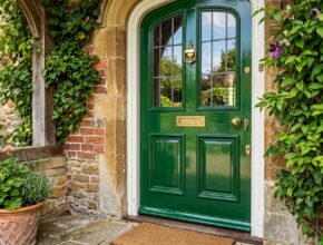 A glossy navy blue front door as a vibrant focal point on a home's exterior.