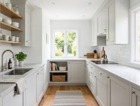 Small kitchen with crisp white cabinets and walls, creating a bright and expansive feel