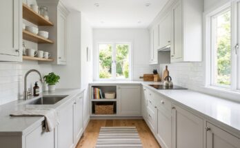 Small kitchen with crisp white cabinets and walls, creating a bright and expansive feel