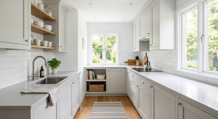 Small kitchen with crisp white cabinets and walls, creating a bright and expansive feel