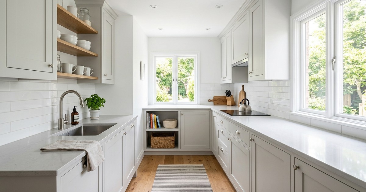 Small kitchen with crisp white cabinets and walls, creating a bright and expansive feel
