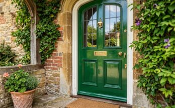 A glossy navy blue front door as a vibrant focal point on a home's exterior.