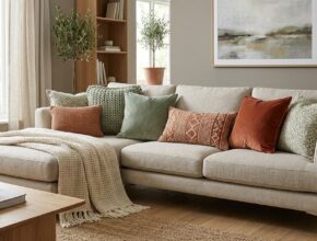 Stylish sofa with new sage green and terracotta throw pillows and chunky knit blankets