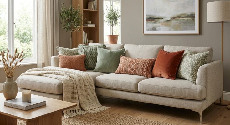Stylish sofa with new sage green and terracotta throw pillows and chunky knit blankets